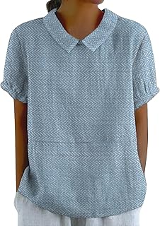 Blusa Mujer Tallas Grandes Verano Algodón Lino Camisa Casual Cuello Redondo Manga Corta Blusa de Lino Vintage Color Sólido Solapa Lino Camisa Ligera Holgada Cuello de Muñeca Blusa Larga