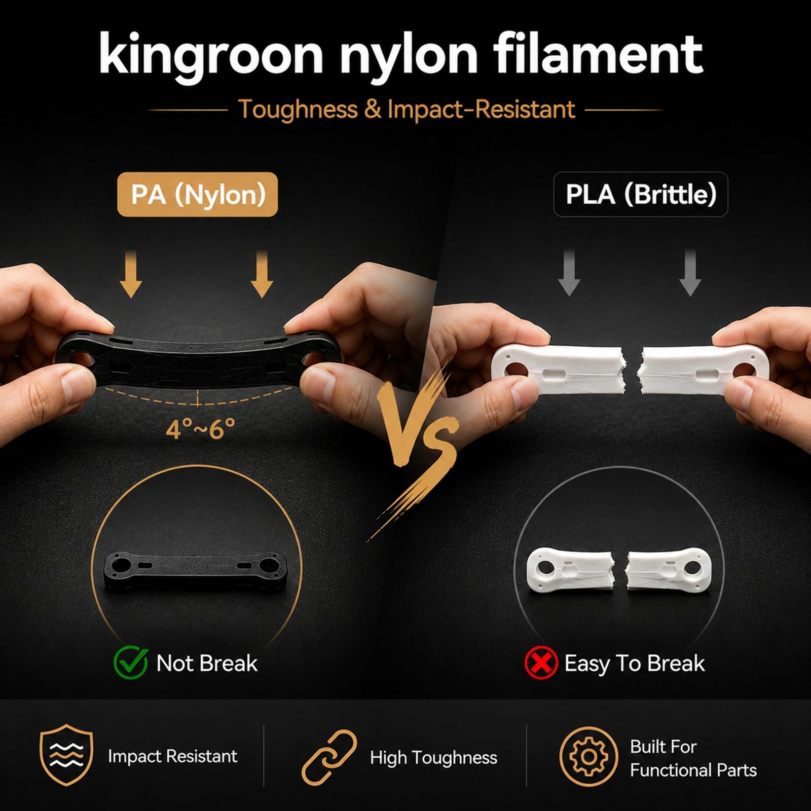 Kingroon Filamento de nailon para impresora 3D, precisión dimensional +/- 0,03 mm, carrete de 1 kg (1 kg), 1,75 mm, color negro