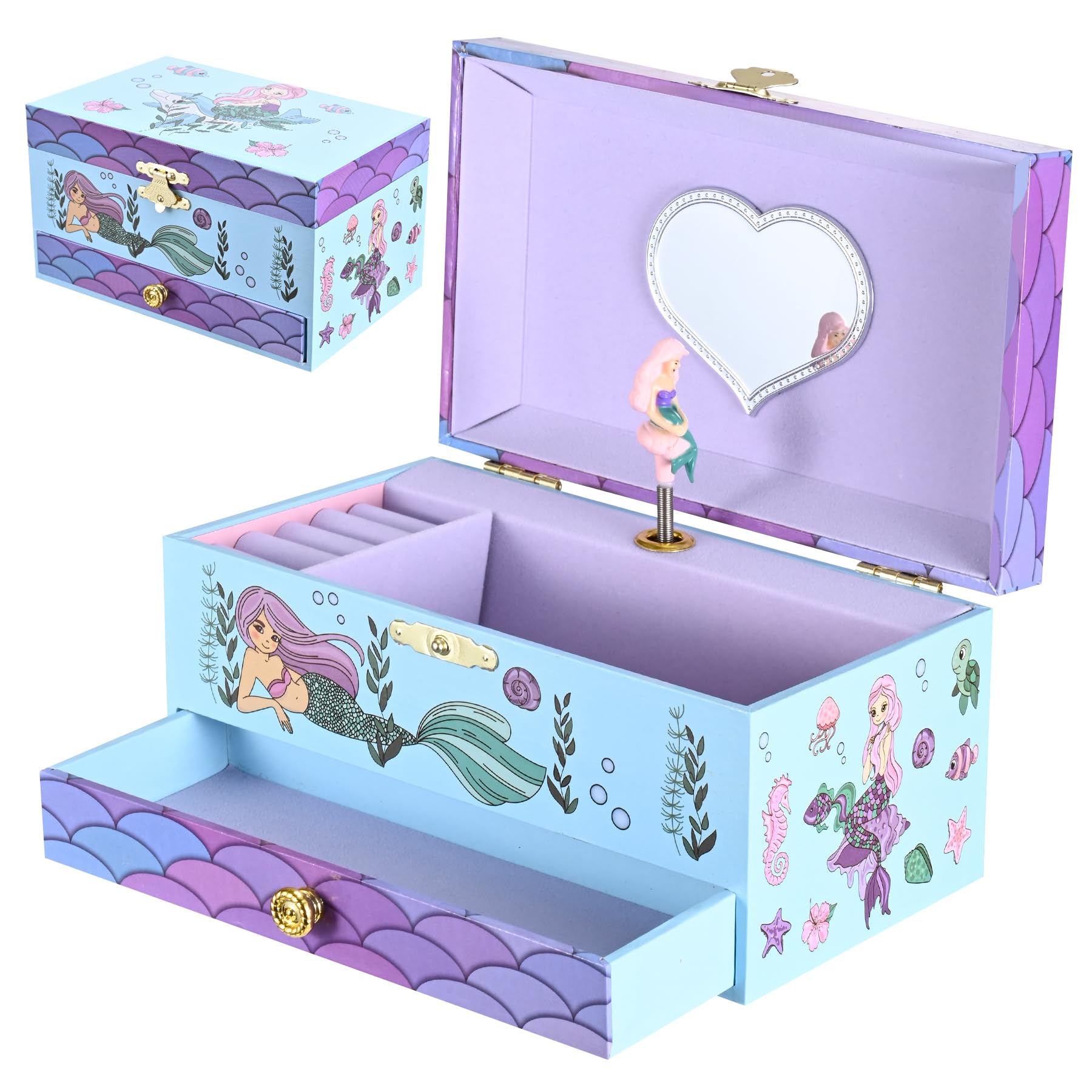Joyero Musical Sirena para Niñas con Sirena Giratoria y Espejo - Regalo de Cumpleaños y Navidad para Niñas 3-10 años(Violeta)