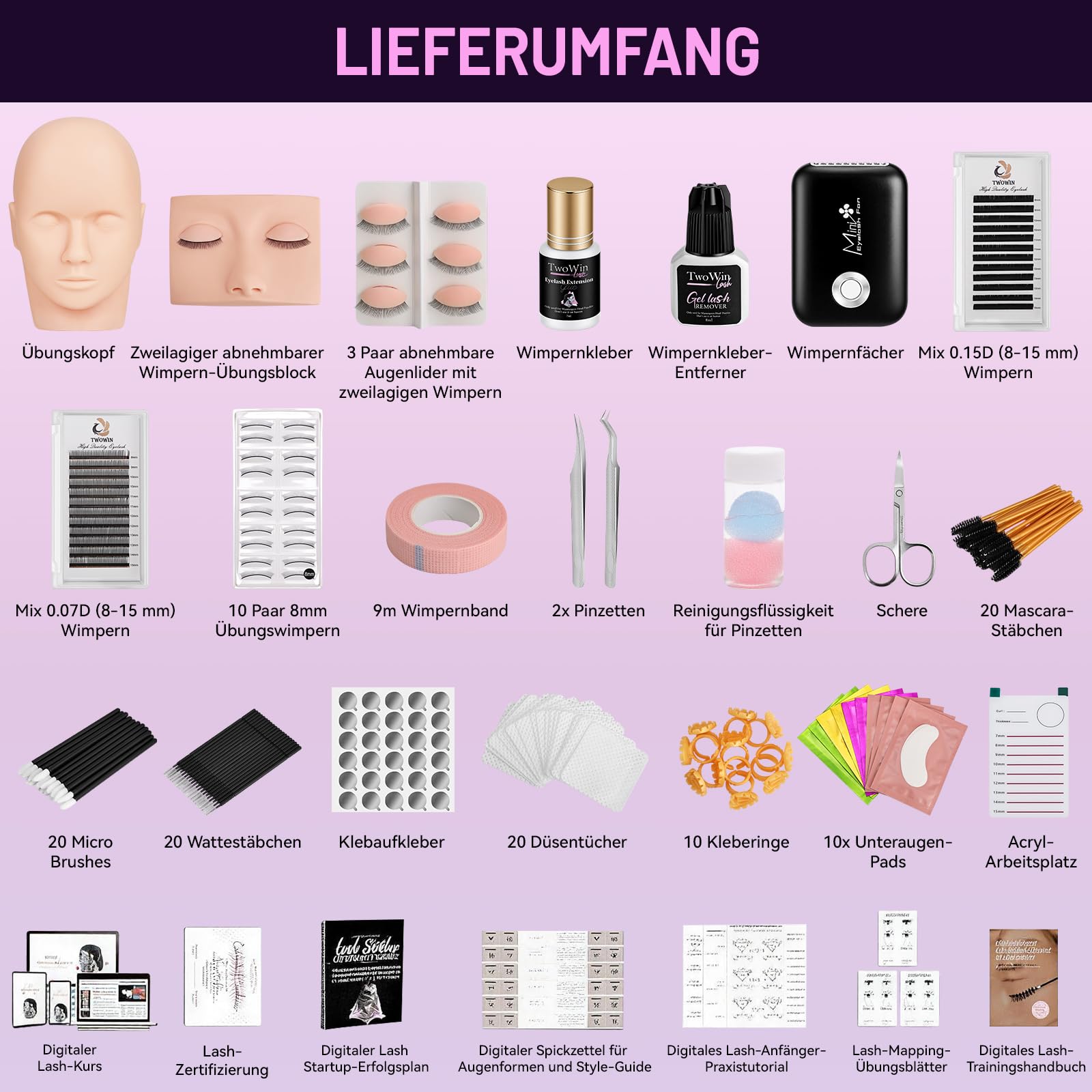 TwoWin Wimpernverlängerungs Set with 4 pairs Removable Eyelids, Eyelash Extension Kit, Professionelle Wimpern Mannequin Kopf Set, Wimpern Extensions Set, Wimpernverlängerung Starterset