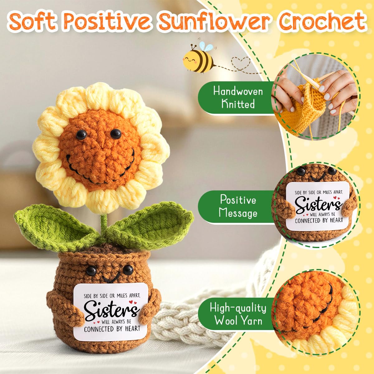 Mothers Day Sister Gifts from Sister - Positive Sunflower Crochet - Side by Side Or Miles Apart Sisters Emotional Support Crochet - Birthday, Graduation, Long Distance Gifts for Women, Soul Sisters