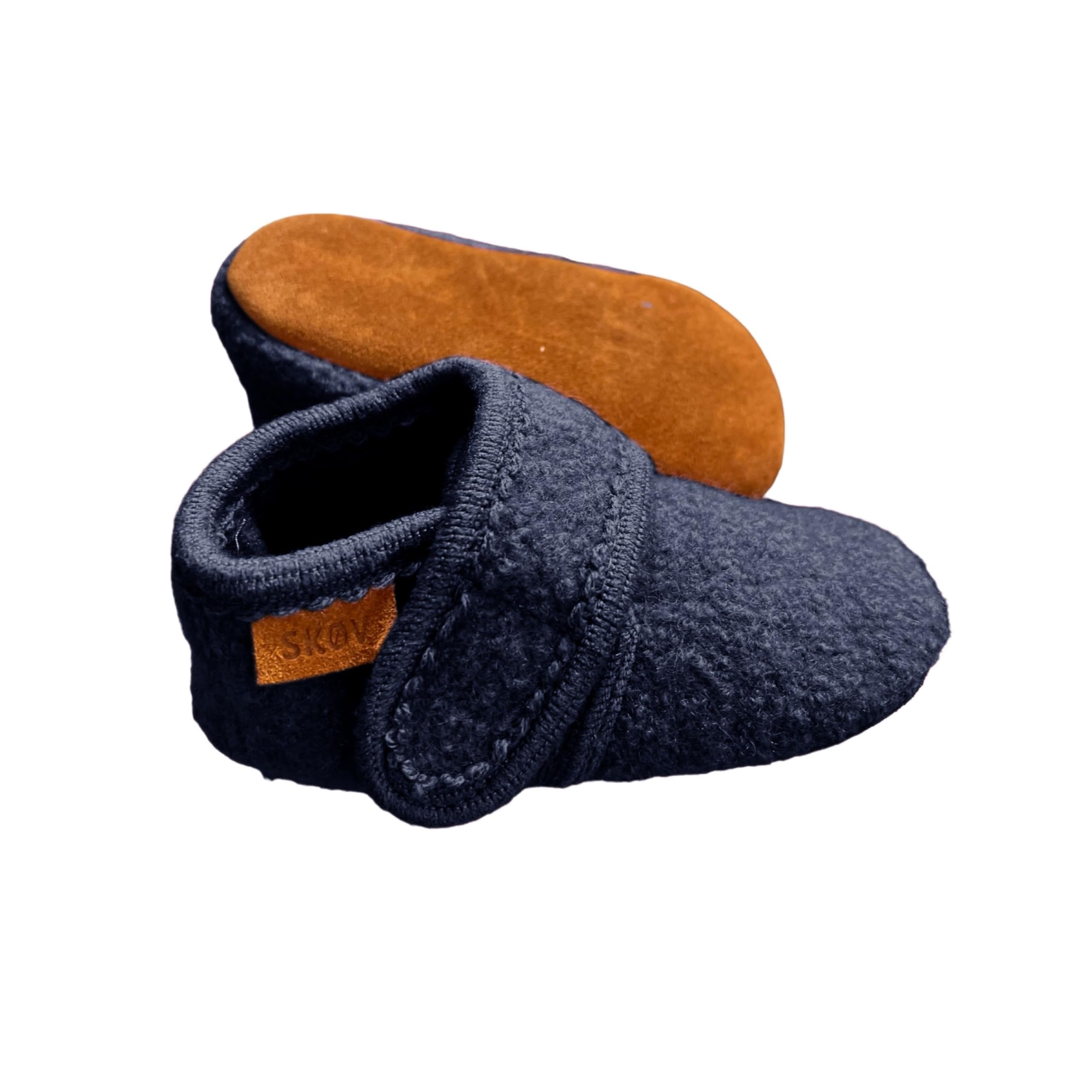 SKOV Wool Booties Slippers for Boys Girls Unisex Toddler Baby Infant Child with Leather Sole, Navy Blue