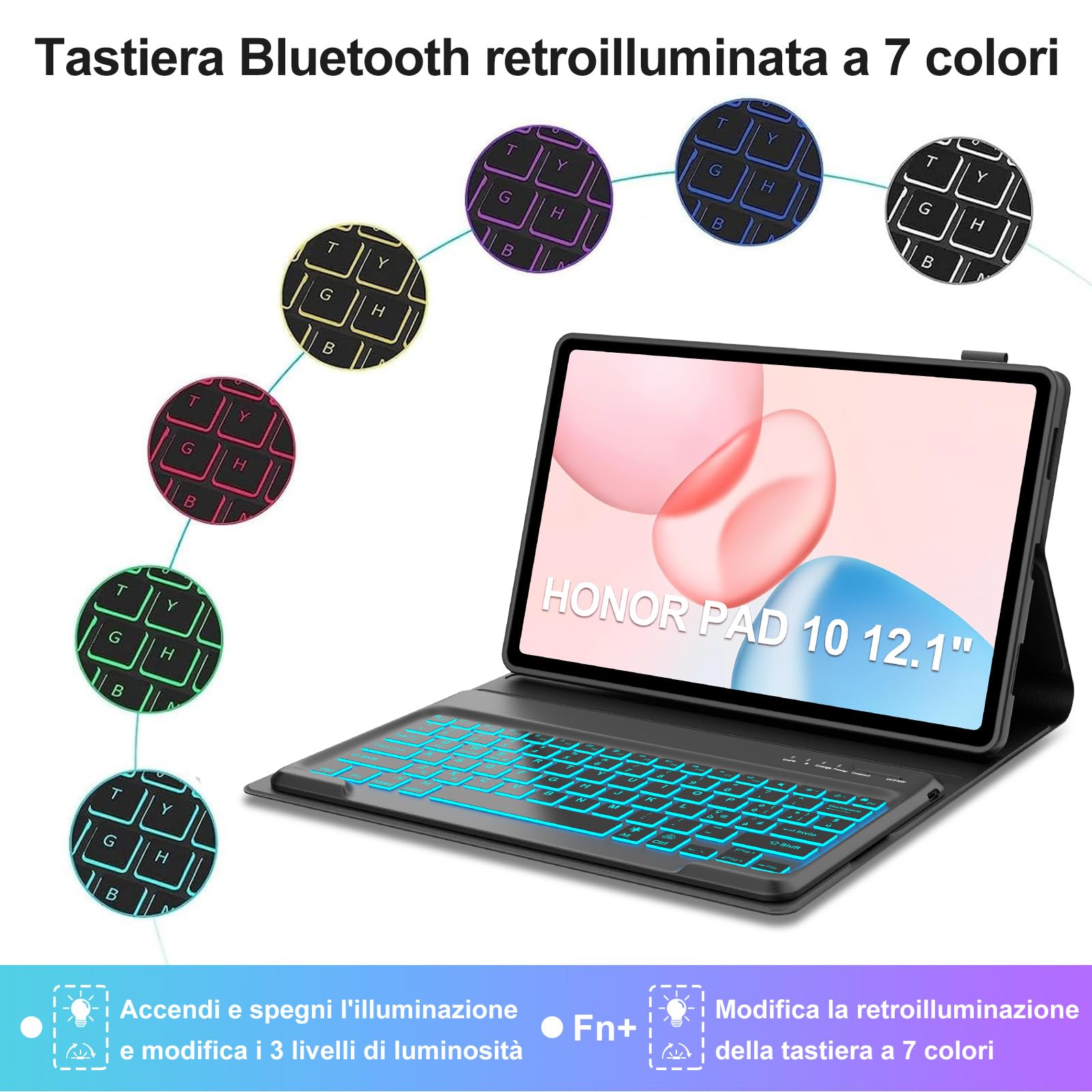 IVEOPPE Tastiera per HONOR Pad 10 12.1 Pollici 2025, Cover con Tastiera Rimovibile, Keyboard Italiano QWERTY 7 Colori Illuminato, Custodia con Portapenna, Nero
