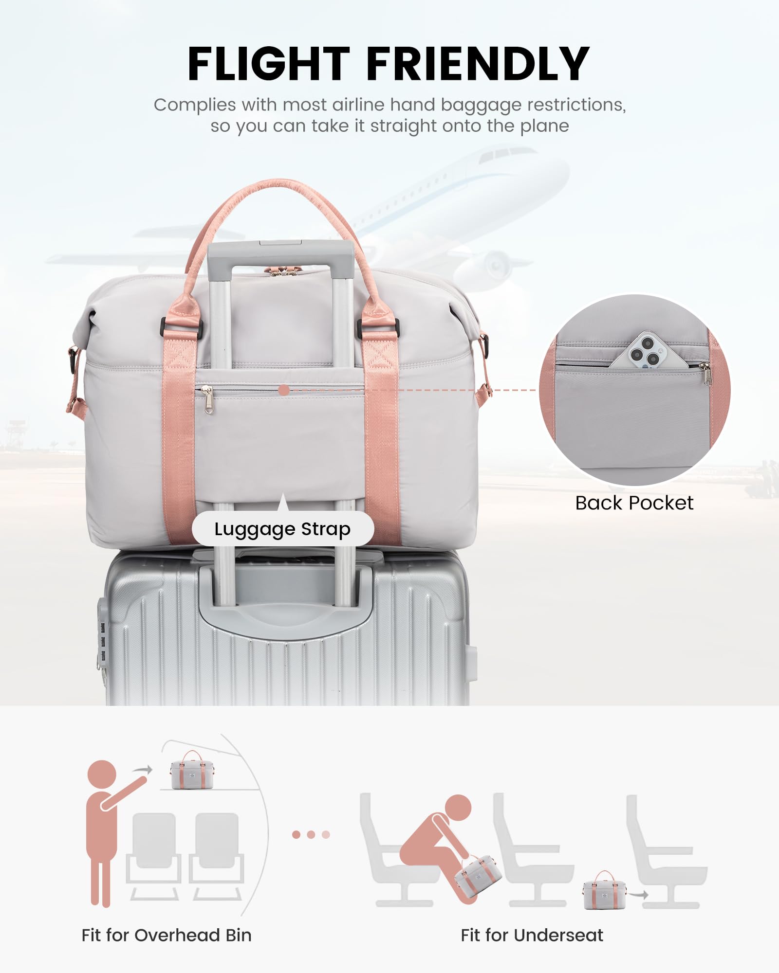 LOVEVOOK Borsa da viaggio da donna, sportiva, borsa da viaggio, borsa da palestra, aereo, grigio e rosa, M-30L, moderno