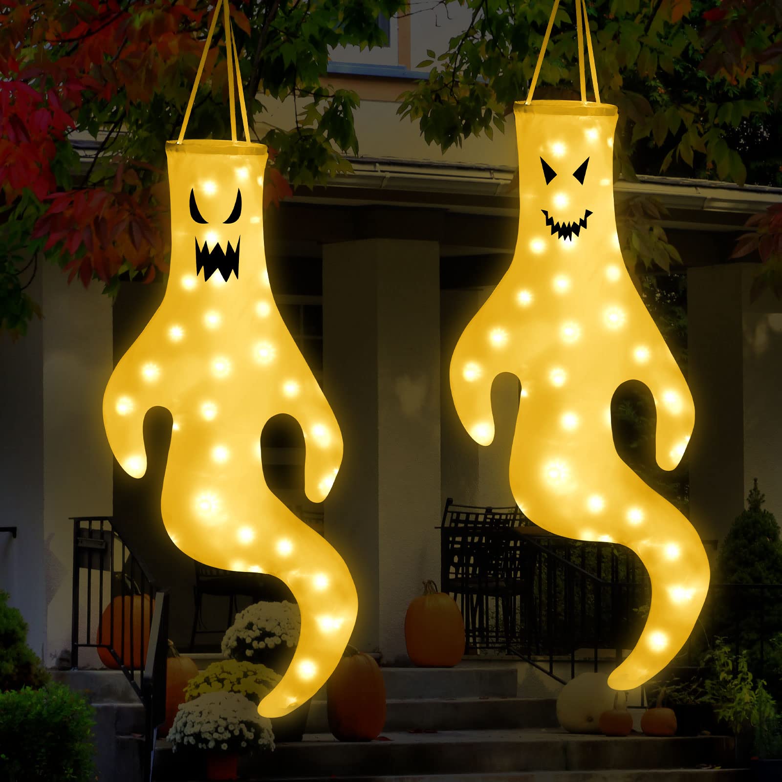 Ghost Windsock 2 Pcs Halloween Ghost Windsocks with Timer, Battery Operated, Flag ...