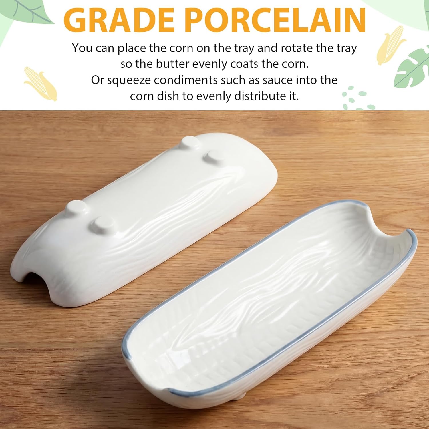 Potchen 6 Set Corn on the Cob Ceramic Holders White Ceramic Dishes 8.5 Inches Durable Stoneware Side Plates with Blue Trim Non-slip Bottom Cob Trays for Corn Festival Vegetables Snacks