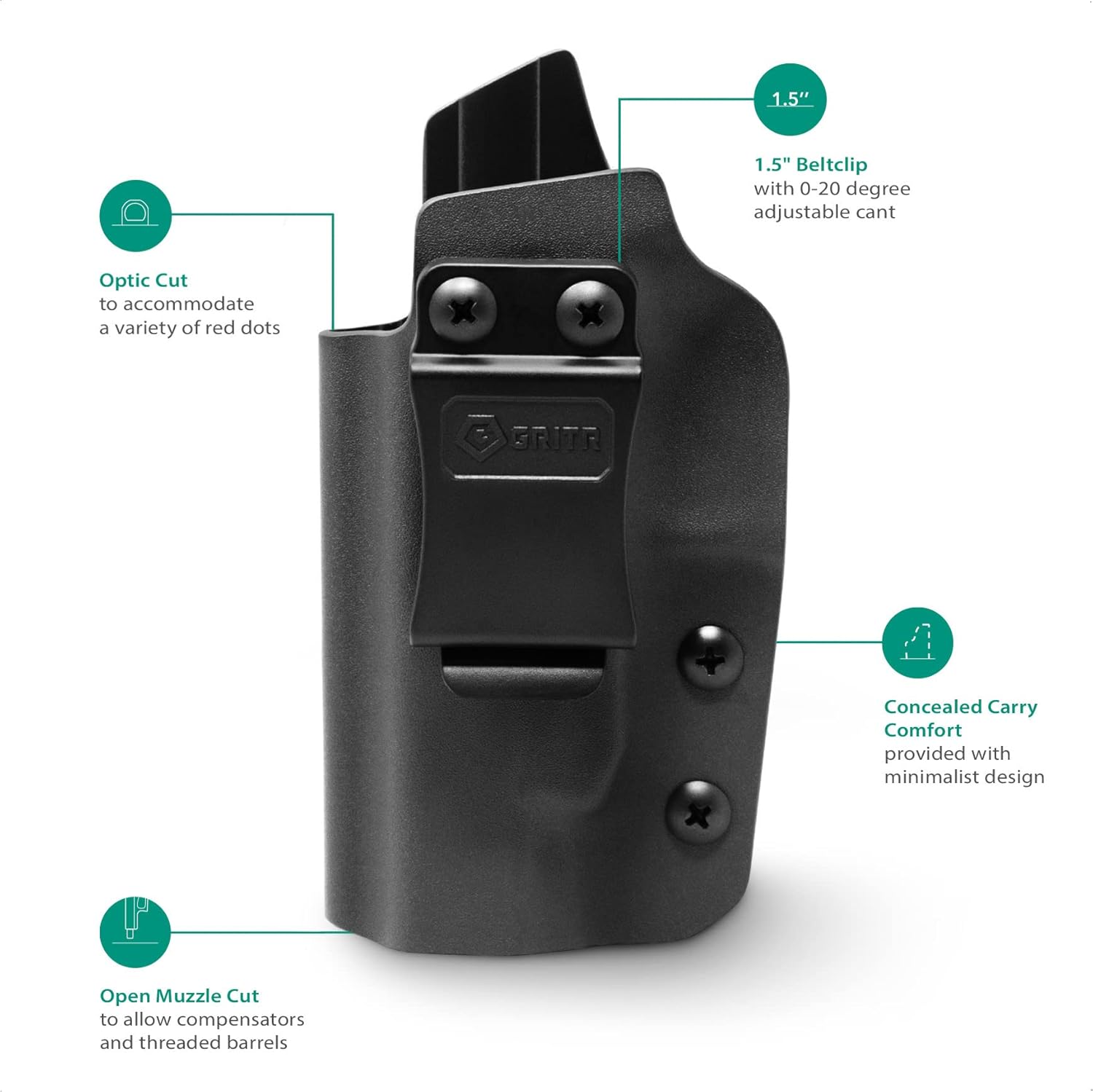 GRITR IWB Kydex Right/Left Hand Concealed Carry Gun Holster for Men & Women Compatible with Glock 48 MOS - 1.5" Belt Clip, Open Bottom, Optic Cut & Adjustable Retention