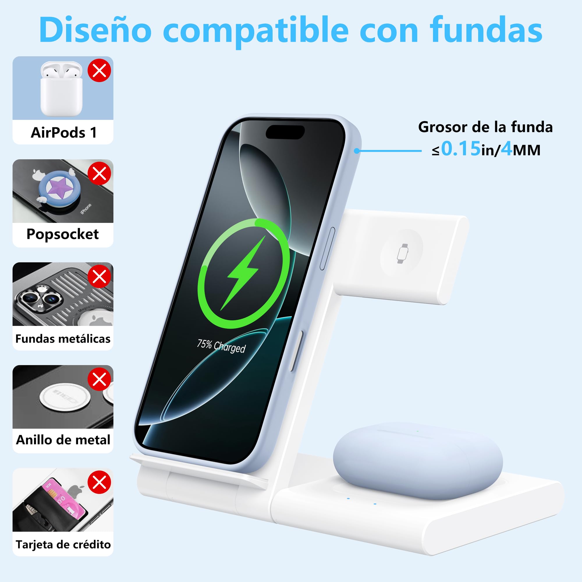 Cargador Inalámbrico 3 en 1 para iPhone 17/16/15/14/13/12, Estación de Carga Rápida 15W para Apple Watch Ultra/SE/Serie y AirPods Pro, Base Plegable de Escritorio y Mesilla