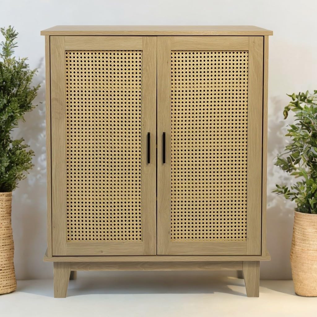 Box and beyond Cassettiera in eucalipto – Porte in canna, naturale, 80 x 34 x 96 cm, FSC 100%
