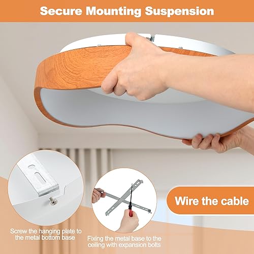 Miniatura 7 de Tangkula Lámpara de techo redonda LED empotrada, lámpara de techo de 16.5 pulgadas con patrón de madera, marco de metal, 3000 K, lámpara de techo