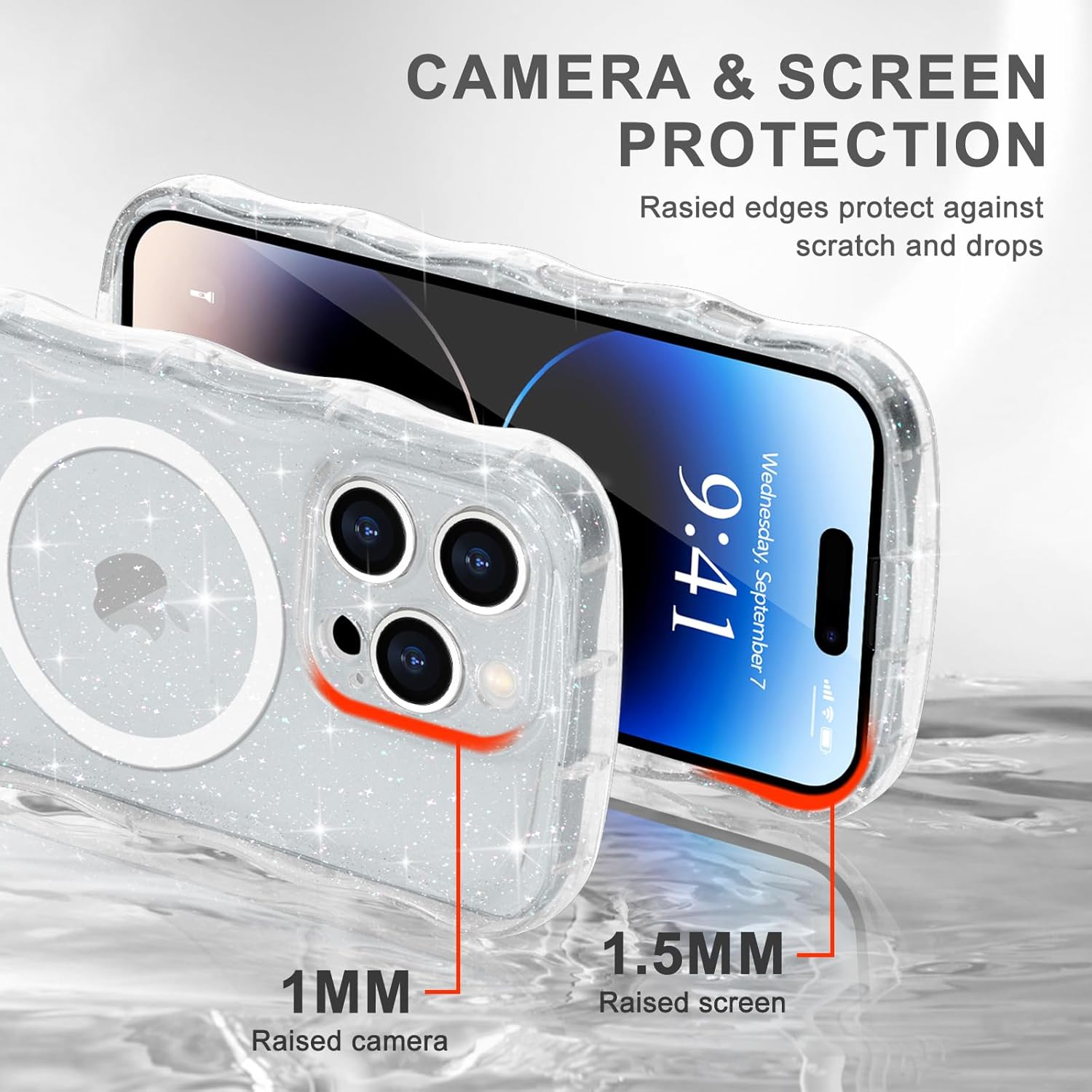 Magnetic for iPhone 14 Pro Max Case Clear, Sparkly Bling Glitter Cute Curly Wave Bumper Cover for Women Girls Compatible with MagSafe TPU Shockproof Phone Case for iPhone 14 Pro Max, Mag Clear - Image 4