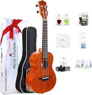 AKLOT Konzert-Ukulele für Linkshänder massives Mahagoni 23 Zoll Uke mit Anleitung (Gigbag, Picks, Tuner, Gurt, Schnur, Reinigungstuch)