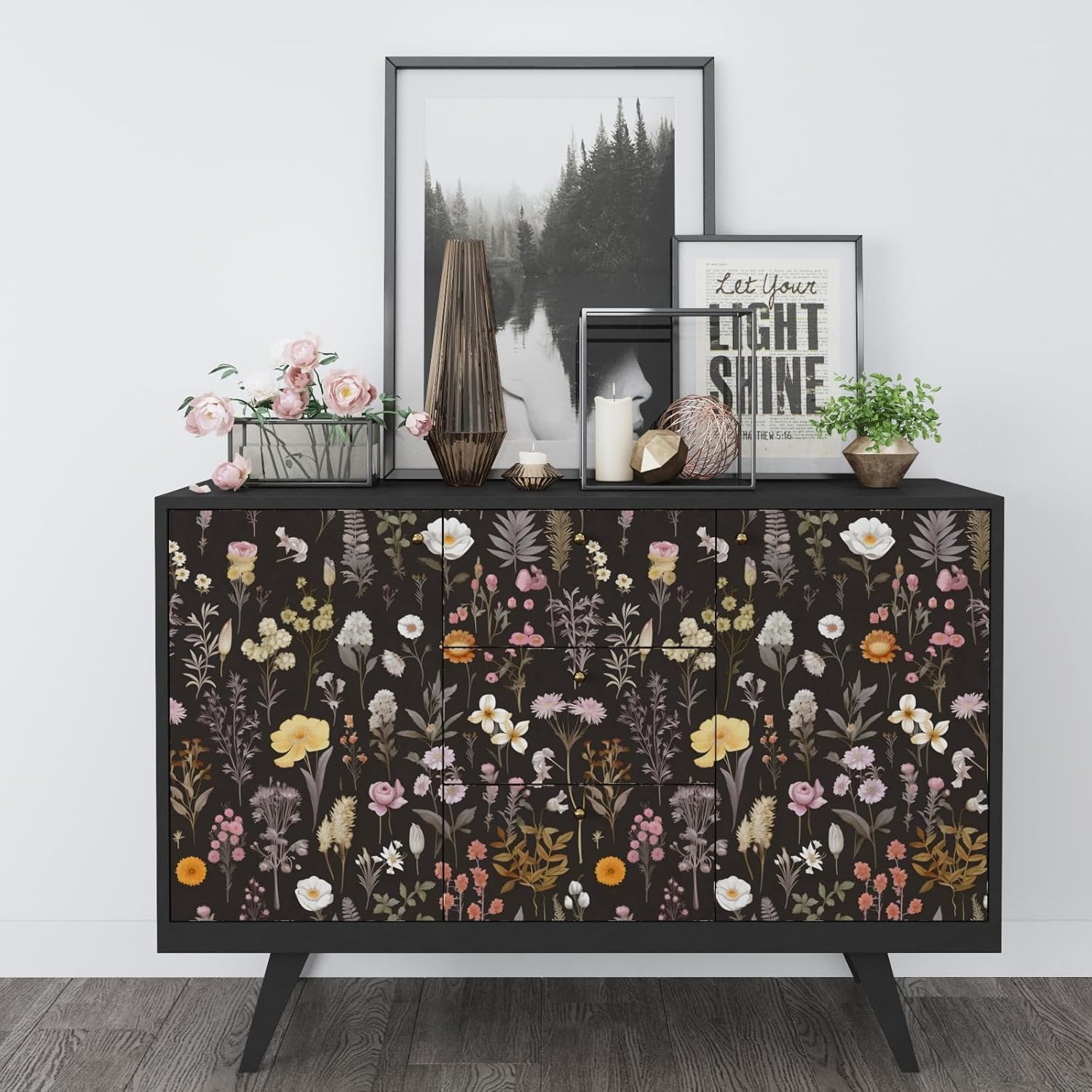 Black Floral Peel and Stick Wallpaper - Colorful Vinyl Contact Paper for Cabinets and Countertops - Waterproof Self-Adhesive Wallpaper - 17.5" x 393"