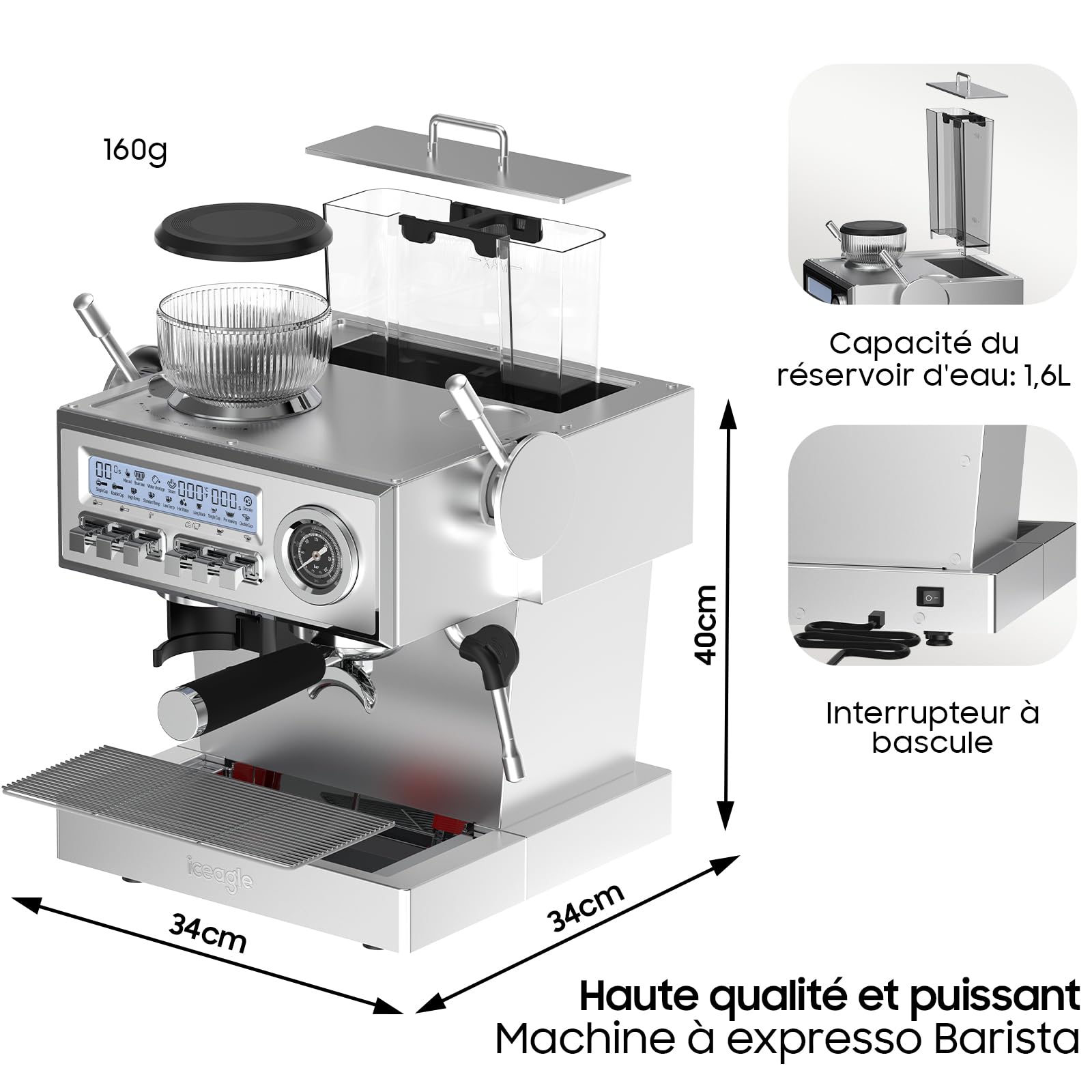 iceagle Machine expresso avec Pompe Italienne de 20 bar, Cafetière a Grain avec Broyeur, Machine à Café avec Mousseur à Lait, Kit Barista, 3 Températures, 25 Niveaux de Mouture, 1,6 litre, Acier Inox