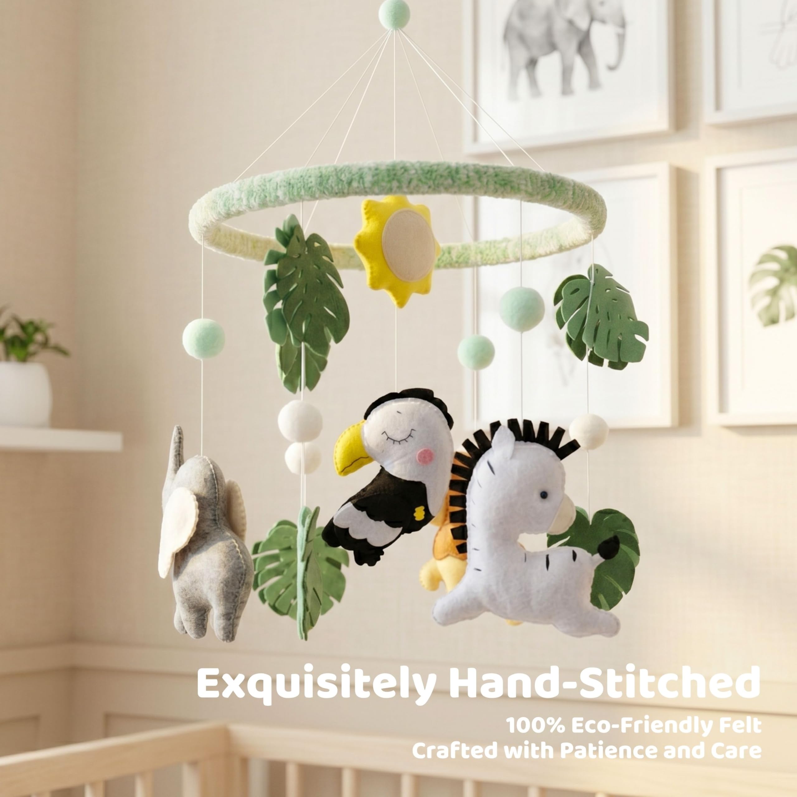 Giostrina per culla con elefante, zebra, leone, tucano, in feltro, fatta a mano, con 12 ninne nanne nella giungla, con 12 ninne nanne, idea regalo decorativa per la cameretta dei bambini