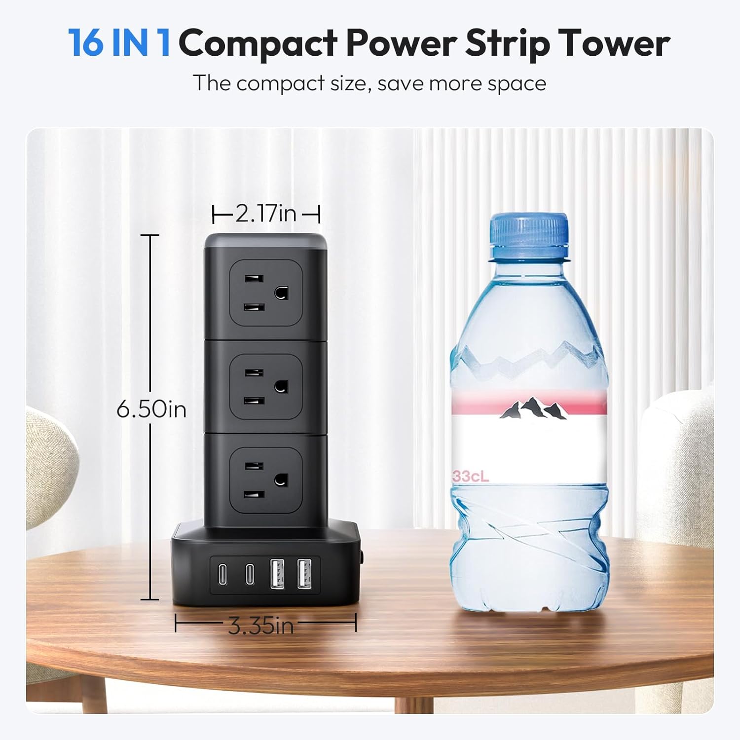 NTONPOWER 15 FT Power Strip Surge Protector Tower, Mini Flat Plug Power Strip Tower, 12 AC & 4 USB (2 USB C), 1625W / 13A Overload Protection, 1080J Surge Protector Tower for Home Office Dorm Room