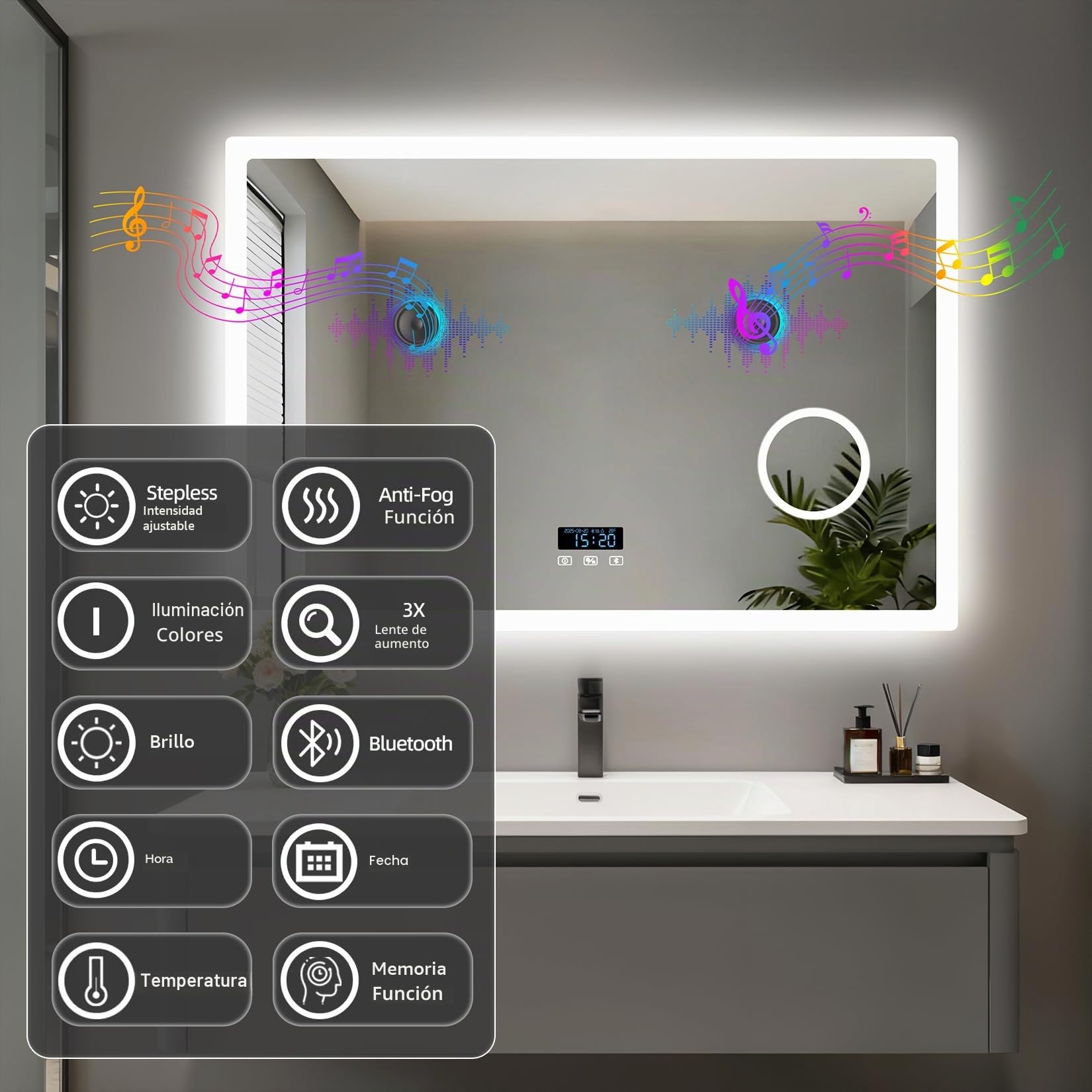 LUVODI Espejo de Baño Pared Bluetooth 100x70 cm con 3X Aumento Luz LED Retroiluminado Espejo Baño Grande Moderno con Interruptor Táctil Función Antivaho Memoria, Impermeable, CRI>97,CE