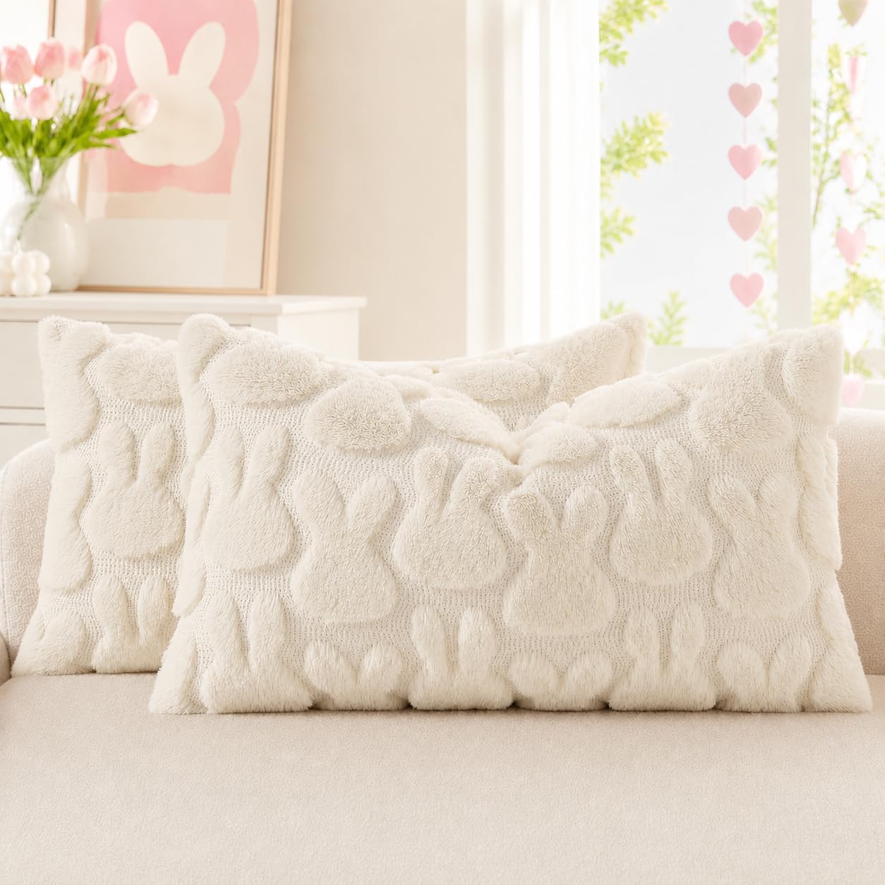 decorUhome Beige Faux Fur Bunny Throw Pillow Covers 12x20 Set of 2