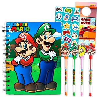 Super Mario Mario Journal and Pen Set - Video Game Notebook Bundle of Journal, Pens, Stickers, More for Kids Bros Notebook Stationery Kit