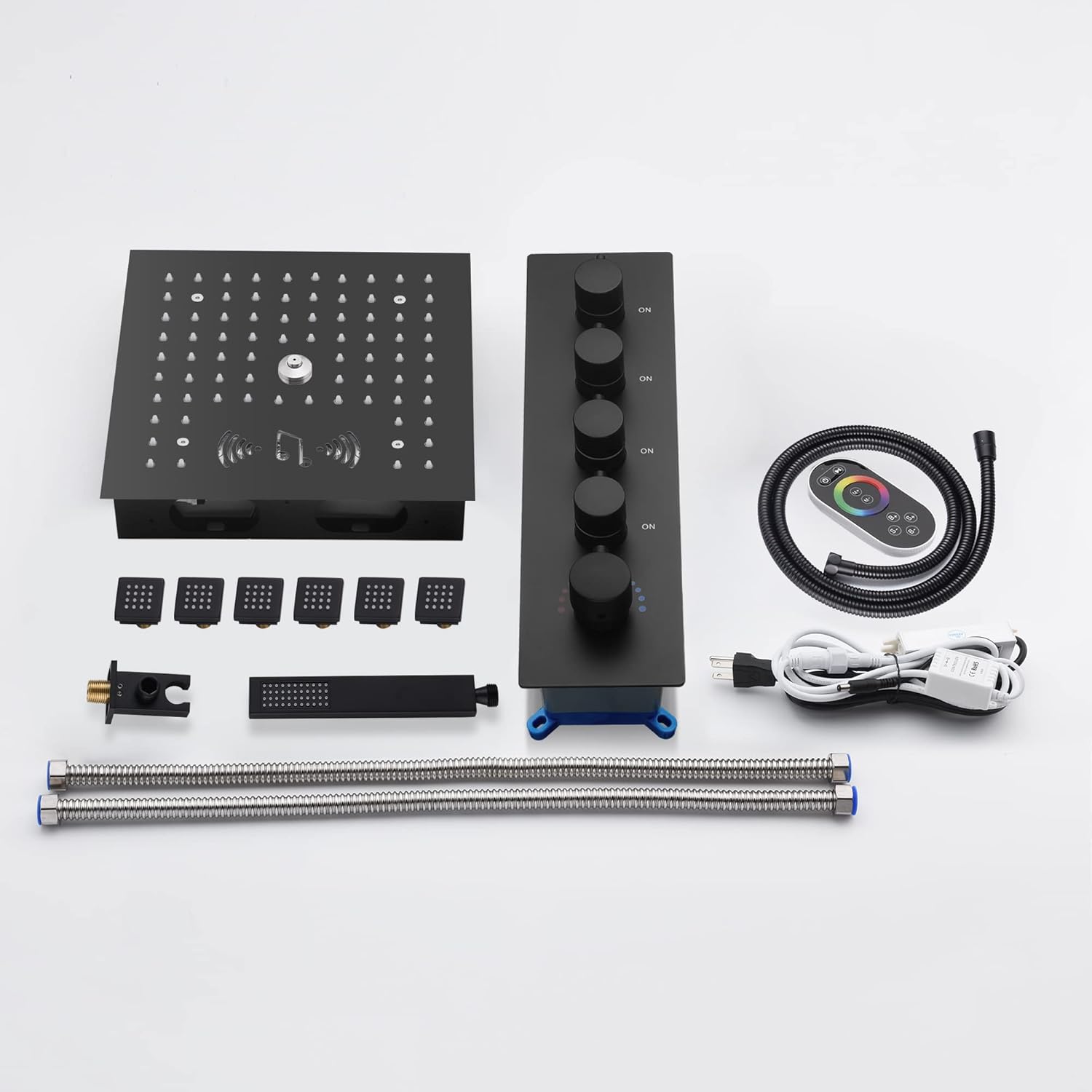 Cascada Luxury 12" Music LED shower system with built-in Bluetooth Speakers, 4 functions (Rainfall, Misty, Body jets & HandShower) & Remote Control 64 Color Lights (Brushed Nickel)