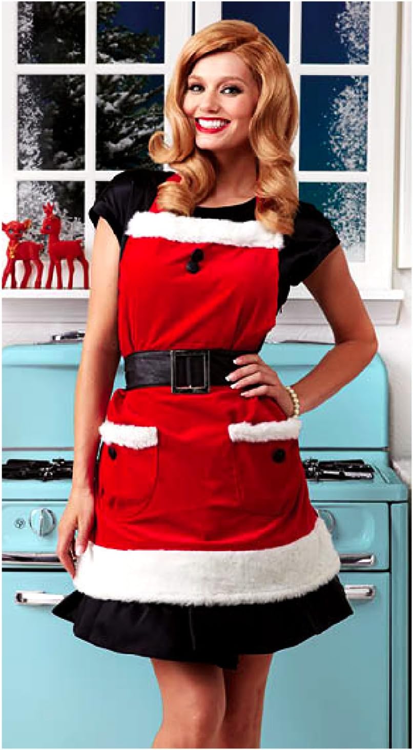 Jessie Steele Full Bib Mrs Clause Hostess Apron Red Velvet, Leather Belt Trim