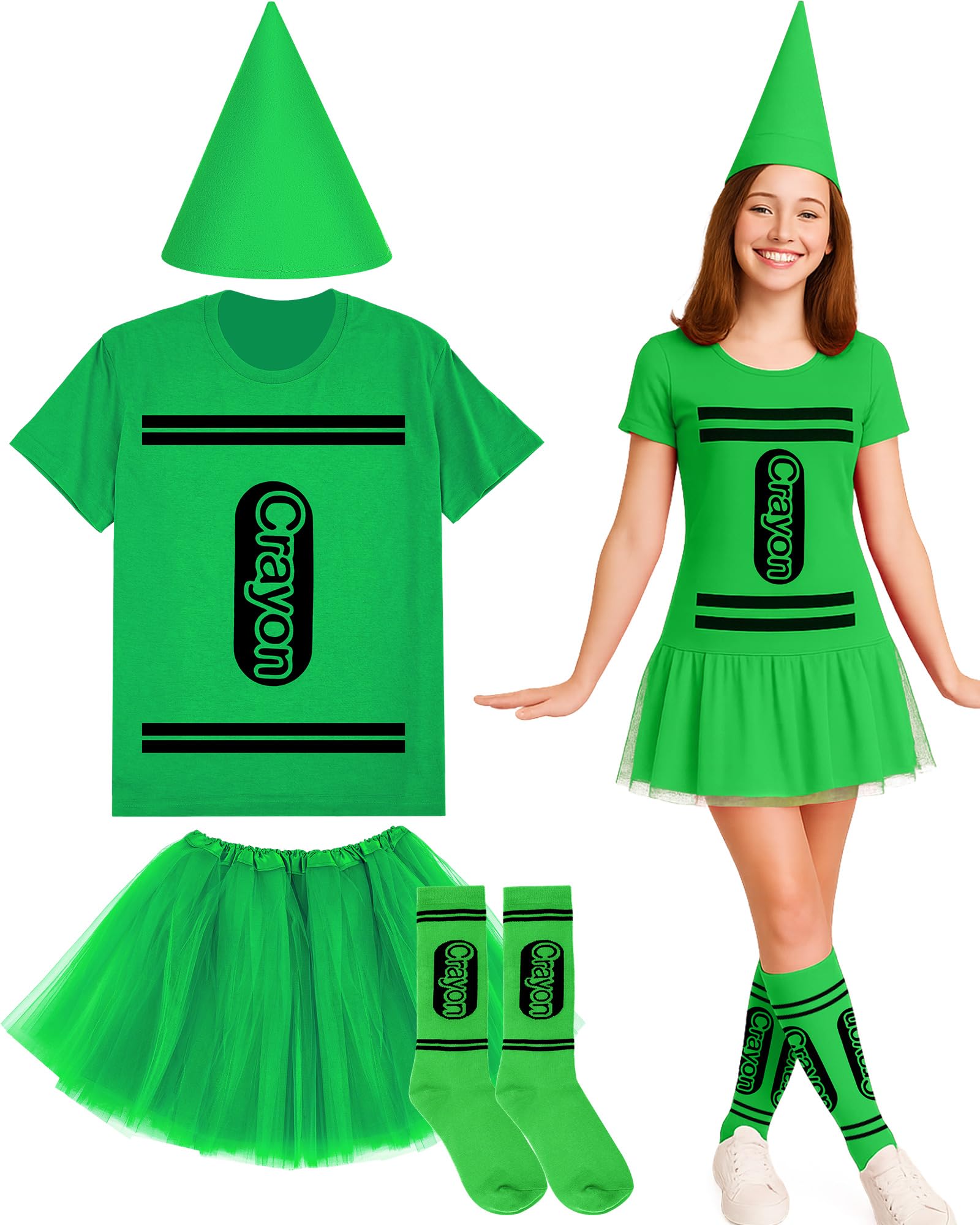 Coume Halloween Crayon Costume Set Crayon T Shirt Tutu Hat Sock Halloween Group Team Funny Shirt Tutu for Women Cosplay(Green,3xl)