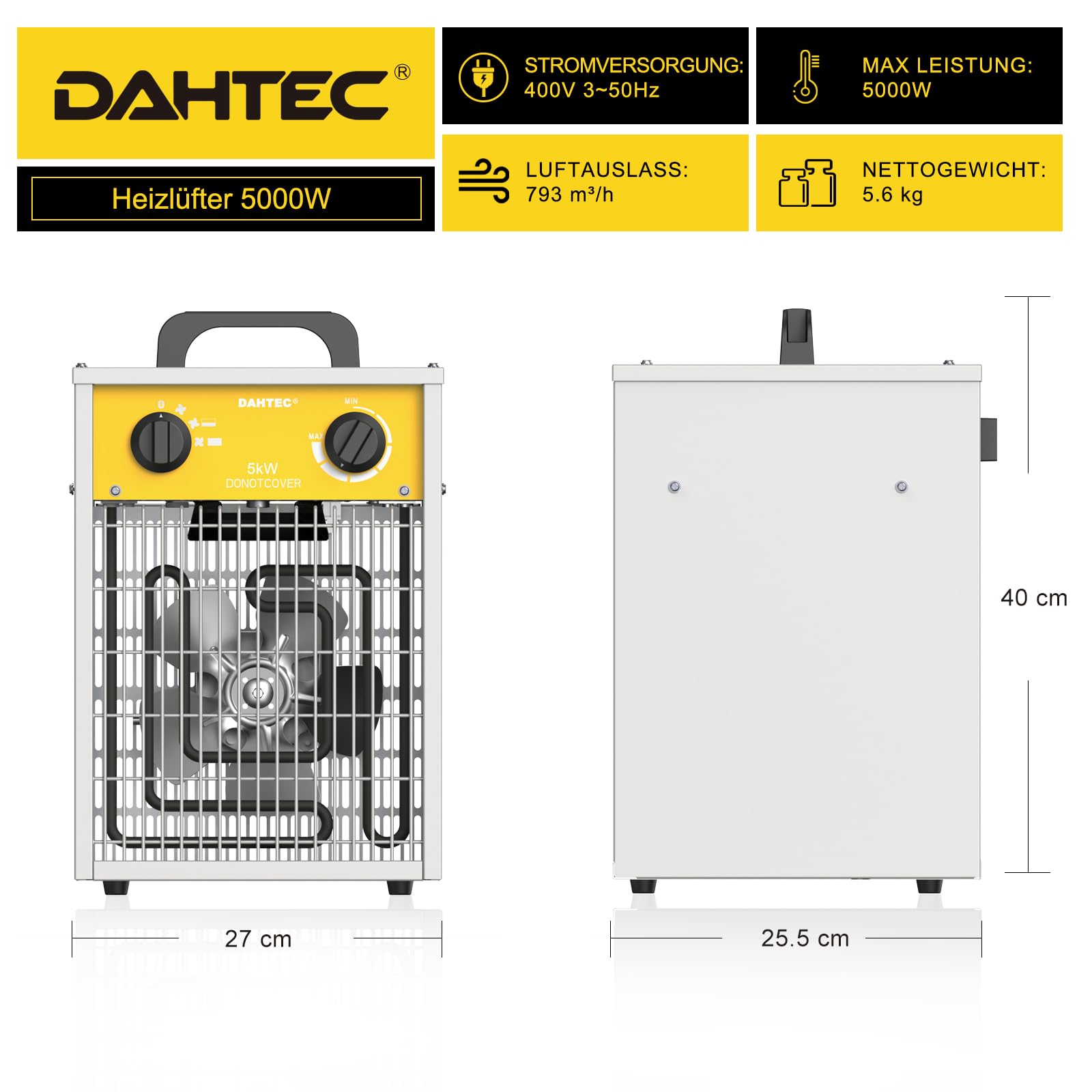 Elektroheizer Heizlüfter Große Räume Bauheizer 5000 Watt Elektro Heizstrahler mit Thermostat Elektrisch Heizgerät mit 3 Heizstufen Heizgebläse für Garage, Baustelle