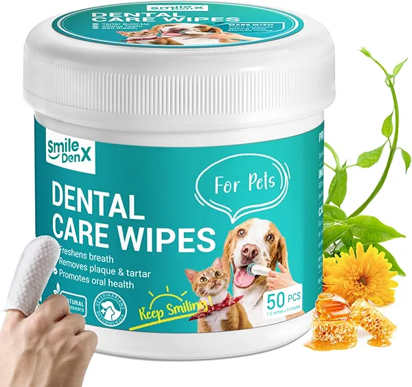 SmileDenX Teeth Cleaning Wipes for Dogs & Cats, Dog Finger Toothbrush Wipes, Dog Dental Care Finger Wipes, Dog Tooth Brushing Kit, Remove Plaque & Tartar Buildup, Fresh Breath (50 PCS, Unscented)