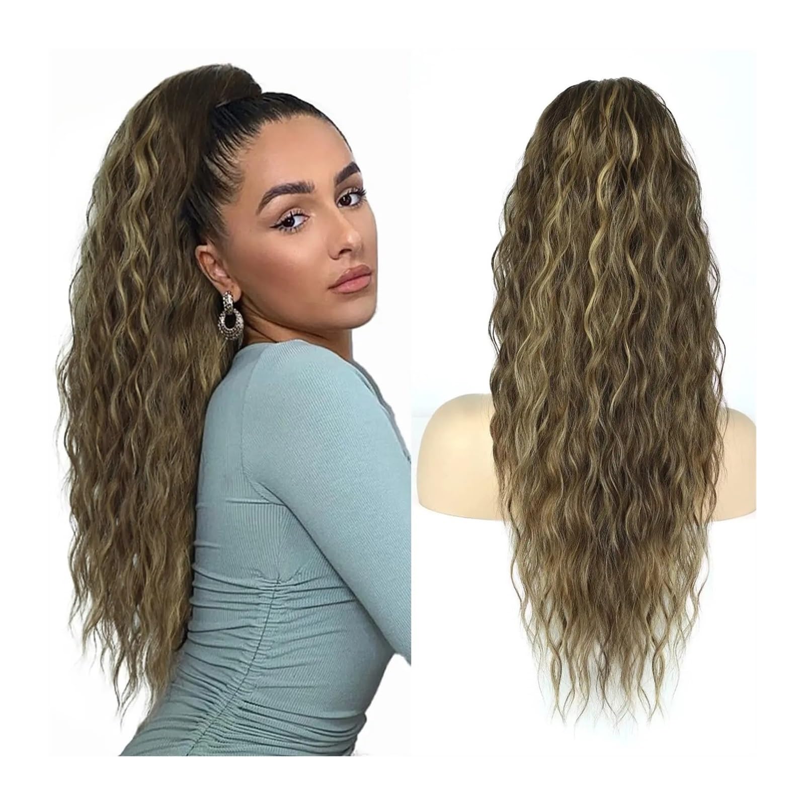 Cola de Caballo Extensión de cabello de cola de caballo for mujer, postizos de cola de caballo con cordón ondulado y rizado largo, cola de caballo falsa sintética, negro, Rubio y rojo Chica Postizos d