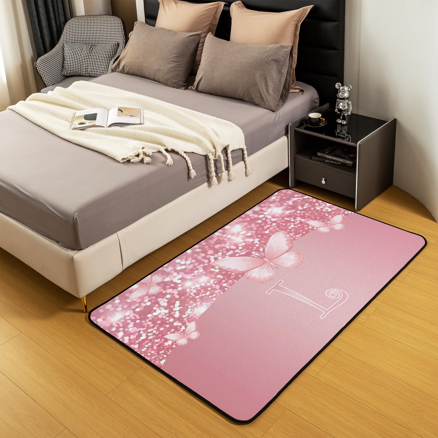 Rose Bowknot Lettre L Tapis Exterieur garçons Filles Mignon Papillon Tapis Salon 100x150cm Antidérapant Mousse Glitter Impression Chambre à Coucher décor