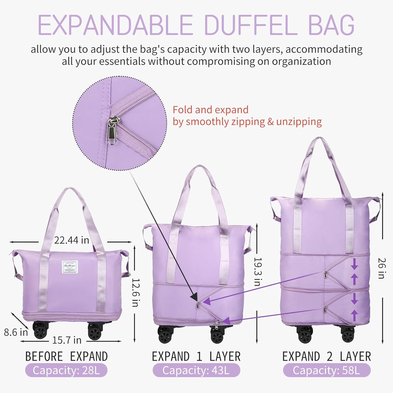 VOOWO Rolling Duffle Bag, Expandable Foldable Carry On, Large Weekend Bag with Spinner Wheels, 28-58L, Purple - Image 2