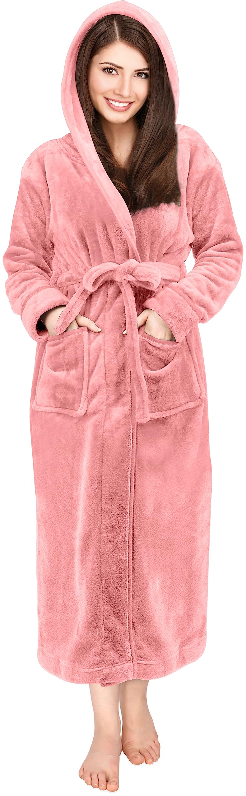 NY Threads Premium Women's Fleece Hooded Bathrobe Plush Long Spa Robe, Small, Coral