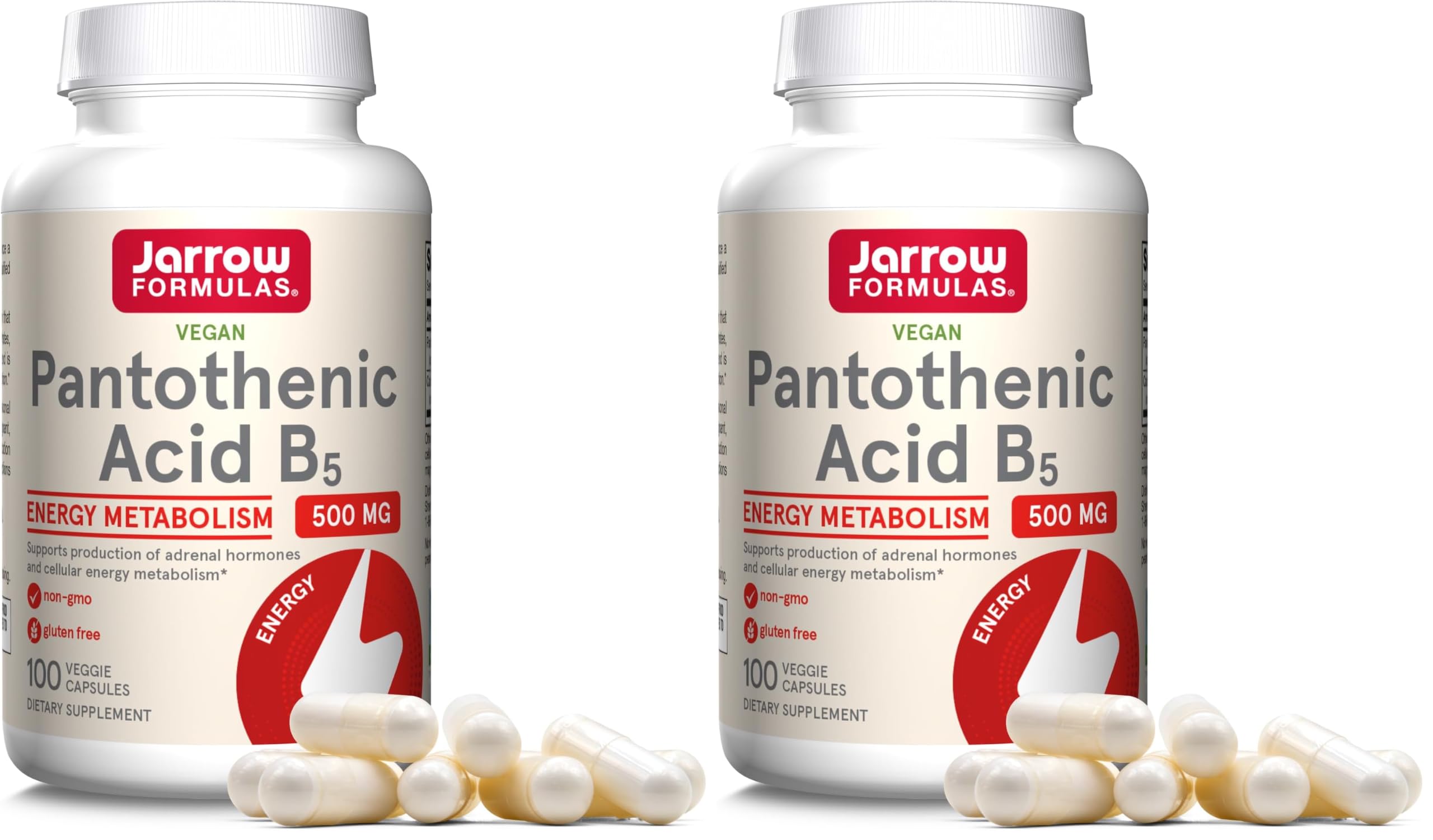 Jarrow Formulas Pantothenic Acid B5 500 mg - 100 Veggie Caps - Essential B Vitamin - Energy Production & Metabolism Support - 100 Servings (Pack of 2) 100 Count (Pack of 2)