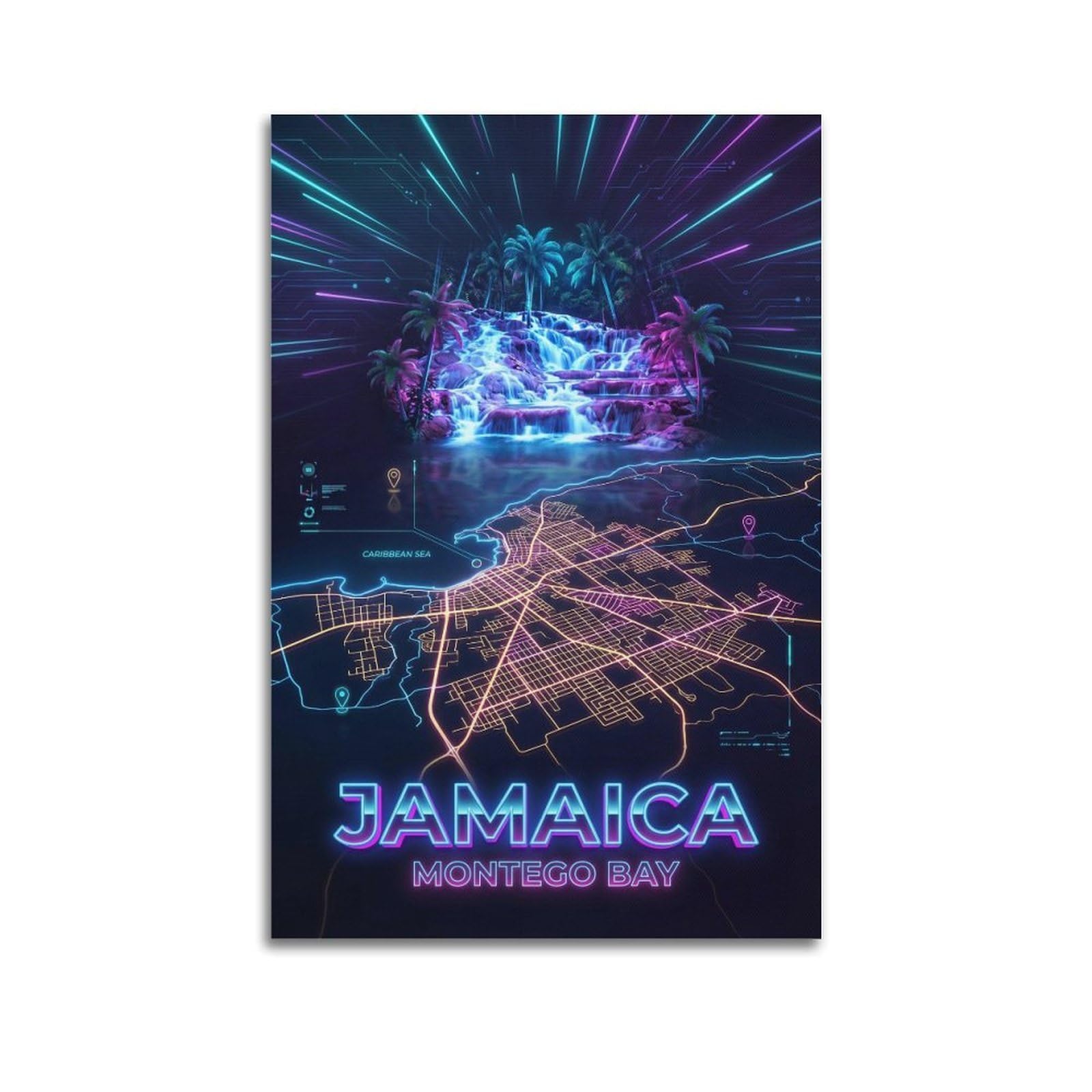 XKUGA Neon City Map Poster Montego Bay Jamaica Modern Decorative Canvas Prints - Ideal Wall Art for Family, Man Cave, Game Room, Boys & Girls Bedroom 20x30inch(50x75cm)