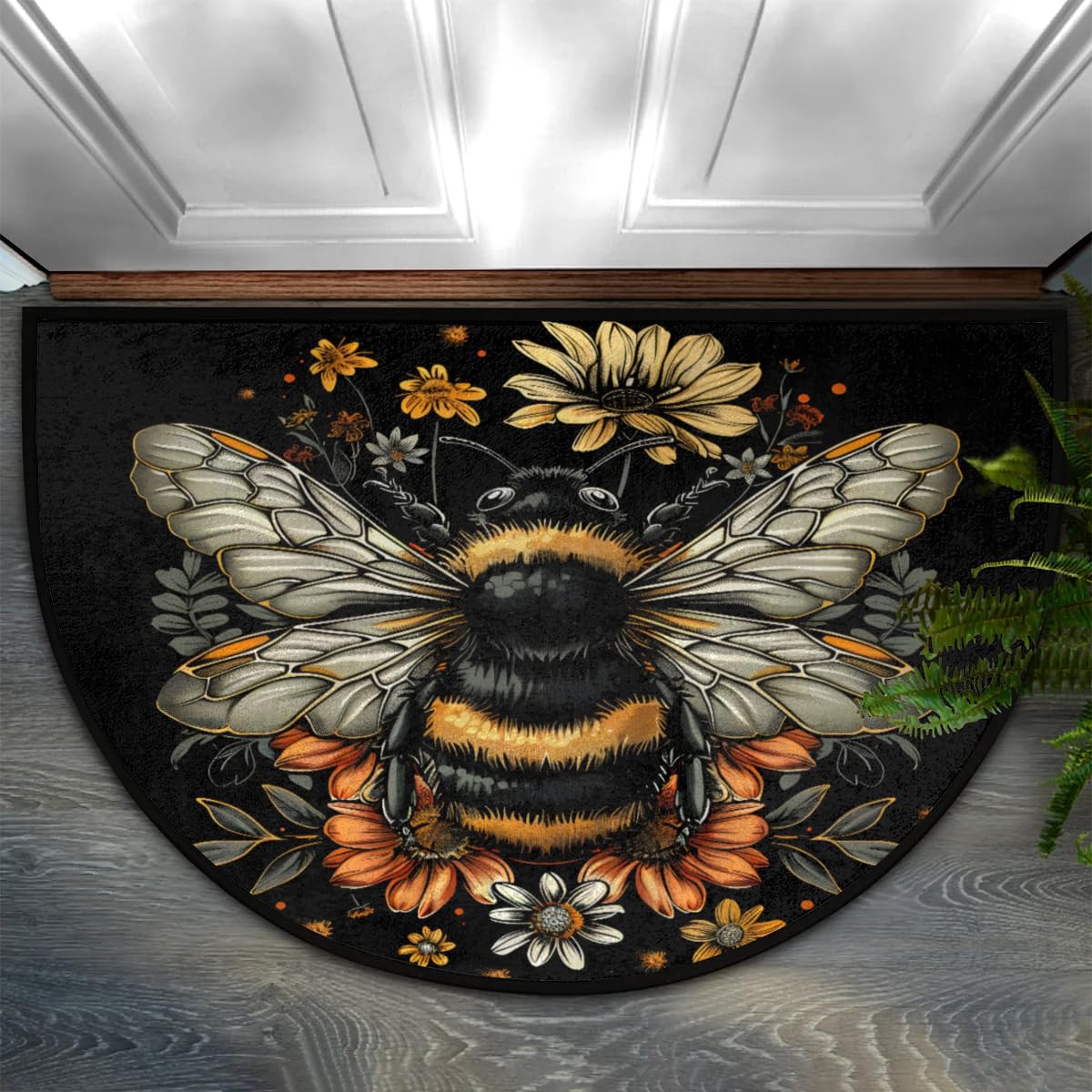 Pardick Half Round Door Mat Cute Bee and Flowers Anti-Slip Semi Circle Rug 24X36 Indoor Door Mat Half Moon Bath Mat, Washable Decorative Floor Mat for