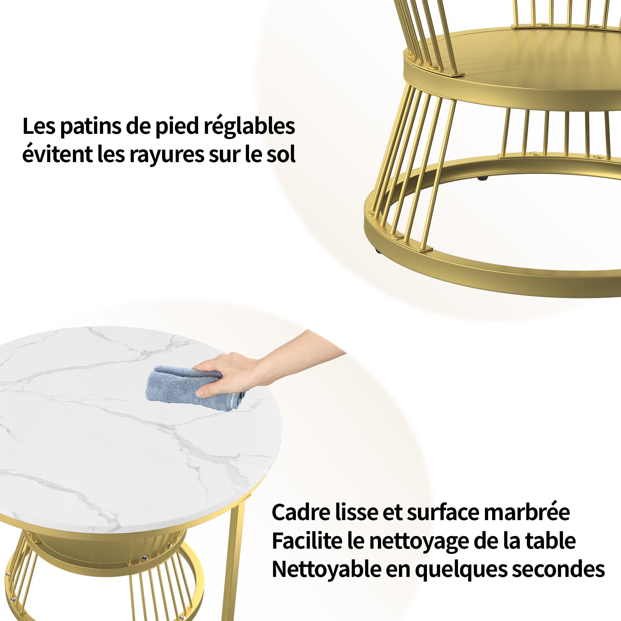 Set di 2 tavolini rotondi rimovibili, tavolini impilabili con gambe in metallo dorato e piano con motivo marmo, per soggiorno, balcone (color oro)