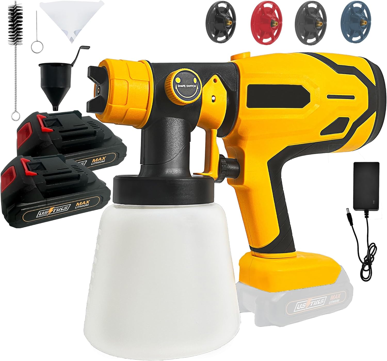 Cordless Paint Sprayer with 2 Battery,Paint Sprayer Gun with 2 x 2.0Ah Battery & 1000ml High Capacity 4 Nozzles, HVLP High Pressure Paint Gun,600W High Power Paint Sprayer for Home DIY with two battery Yellow