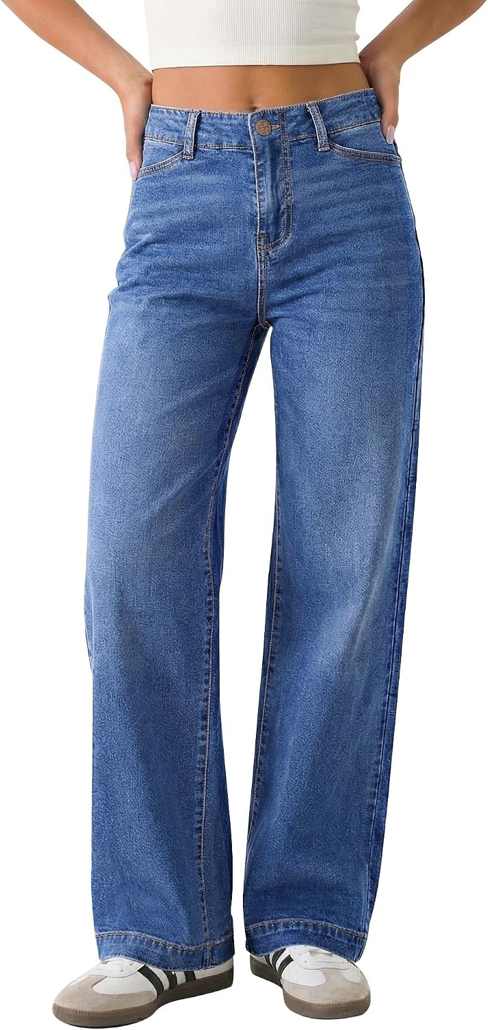 GRAPENT Wide Leg Jeans Woman High Waisted Trendy Stretchy Denim Pants Classic Trouser Jeans with Slash Pockets