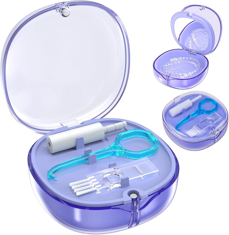 Double-layer Retainer Box Case Orthodontic Teeth Aligner Case with Mirror, Dental Night Mouth Guard Holder with Retainer Remover Tool, Chew and Brush - Secure Magnet Closure - Transparent Blue