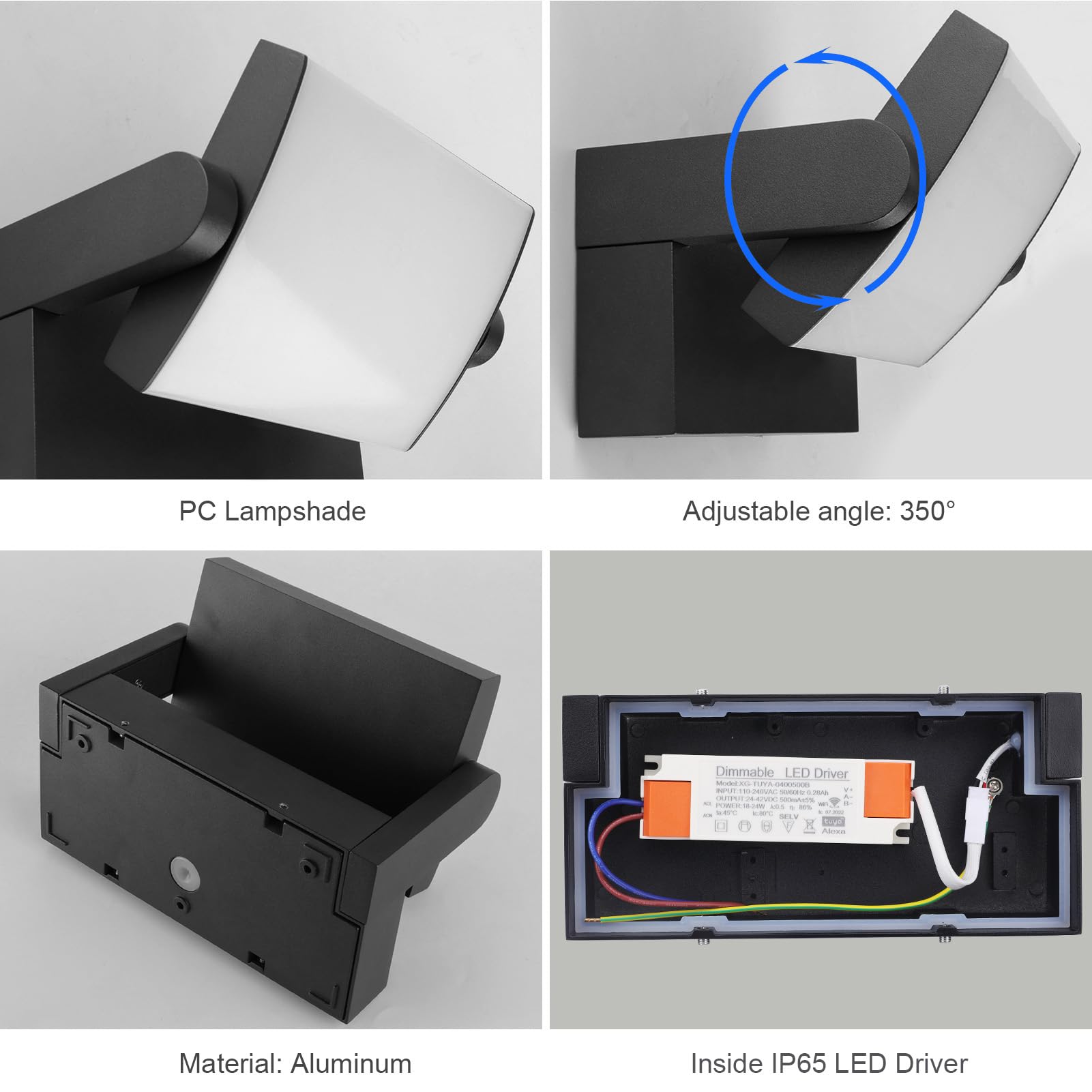 Klighten 24W LED kinkiety zewnętrzne wewnątrz, sterowanie APP, timer, nowoczesna aluminiowa lampa ścienna, 3000K-6000K, czarny
