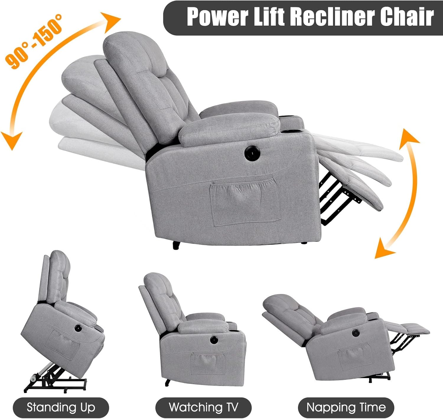 Chair with Heat Massage for Elderly Armchair Sofa with Side Pocket and Cup Holder Electric Recliner Power Lift Sofa