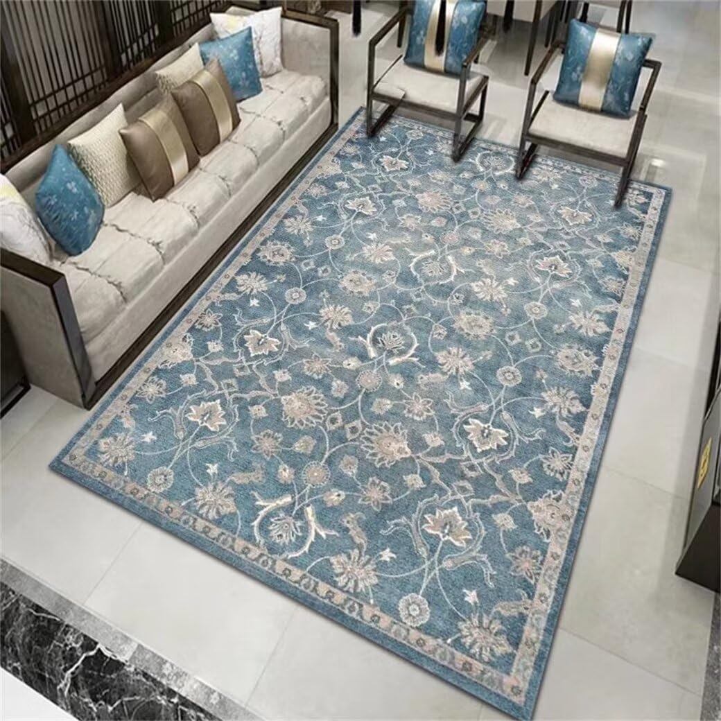 Tapis de chambre fille bleu 200x300cm grand tapis salon lavable à motif vintage