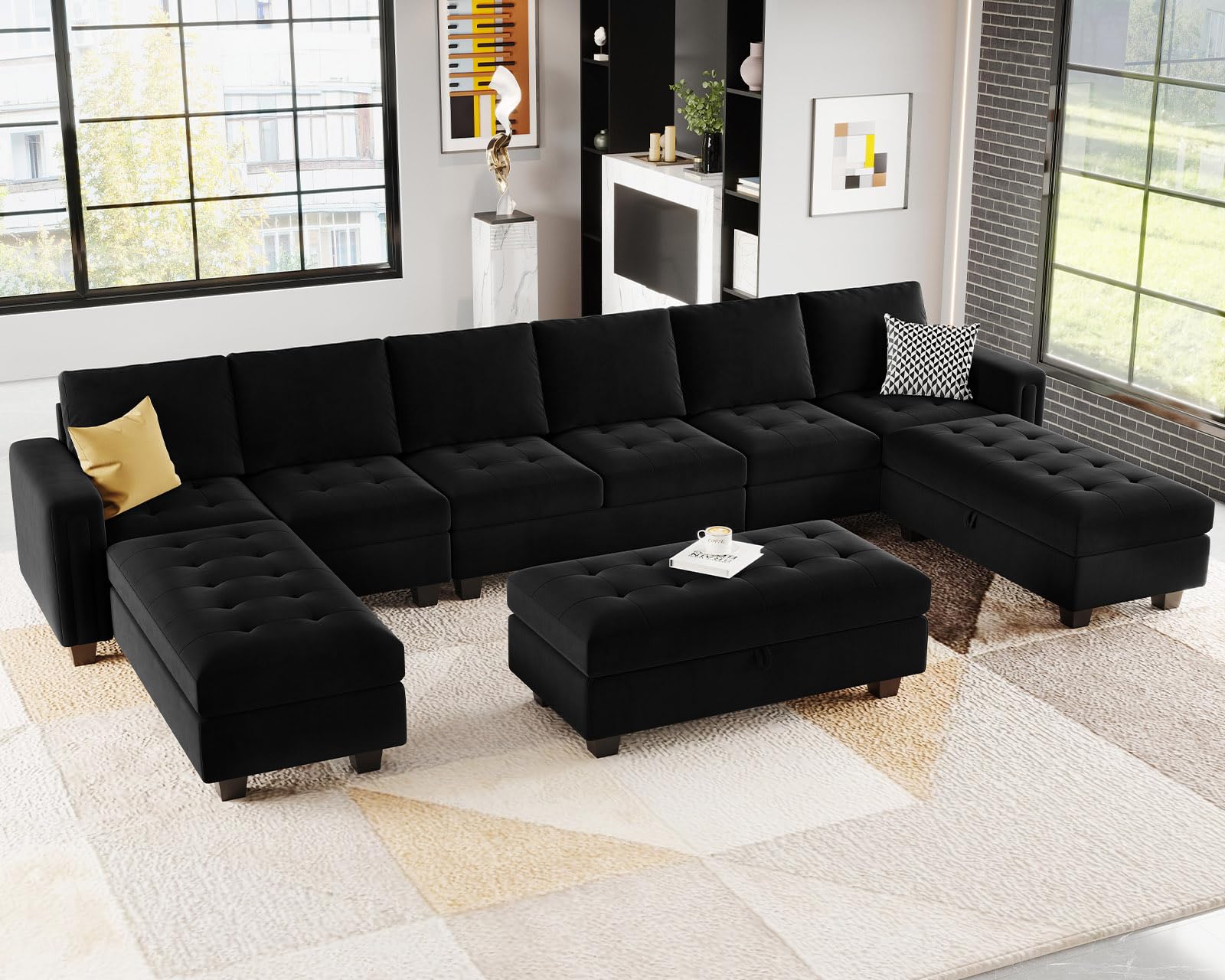 Belffin Velvet U Shaped Modular Sectional Sofa Set with Storage Ottoman, 8 Seater, Black (Sectional, Sofa, Sofa Set)