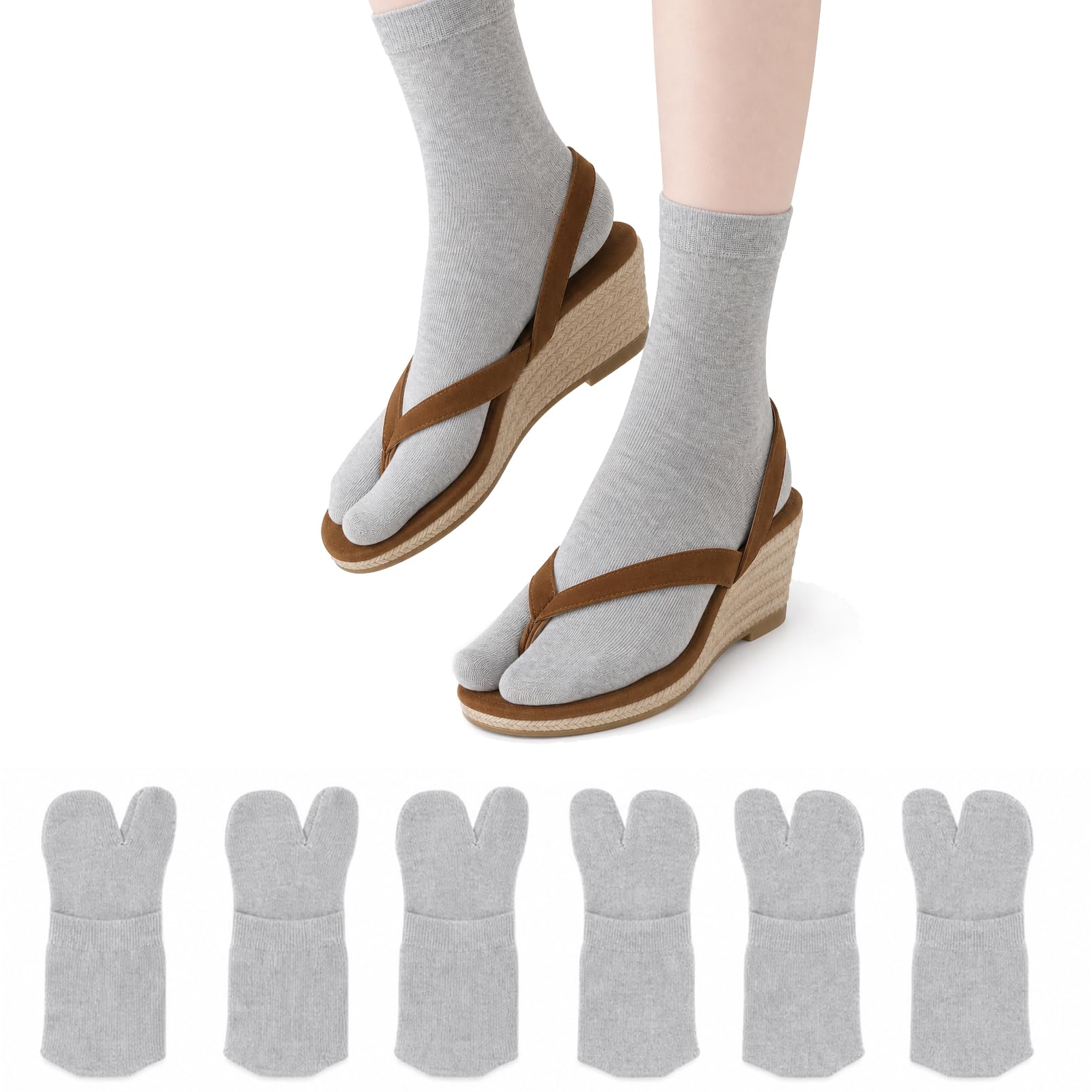Tabi Socks Athletic Cotton Crew Length Quarter Ankle Two Toe for Women and Men, 6 Pk Black White Gray