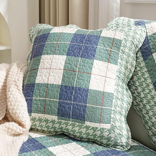 vctops Juego de 2 fundas de almohada decorativas de algodón a cuadros de búfalo de granja, fundas de cojín cuadradas acolchadas (verde azul, 20 x 20