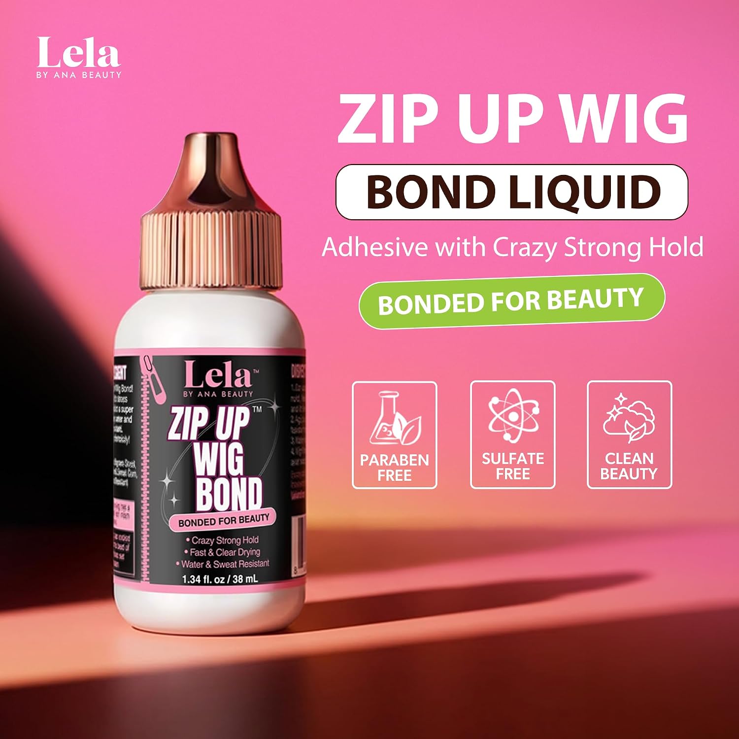 Lela Beauty Zip Up™ Wig Bond Liquid Adhesive with Crazy Strong Hold, Fast & Clear Drying for Lace Fronts - Water & Sweat Resistant Ideal for Long Wear & Active Use - 1.34 fl oz