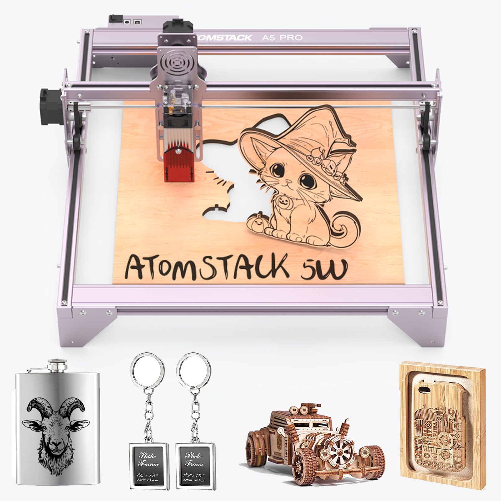 ATOMSTACK A5 5W Máquina de grabado láser 40W Cortadora láser CNC 410 x 400 mm de superficie, 5,5 W de potencia láser, protección ocular, enfoque fijo, apto para aficionados al bricolaje