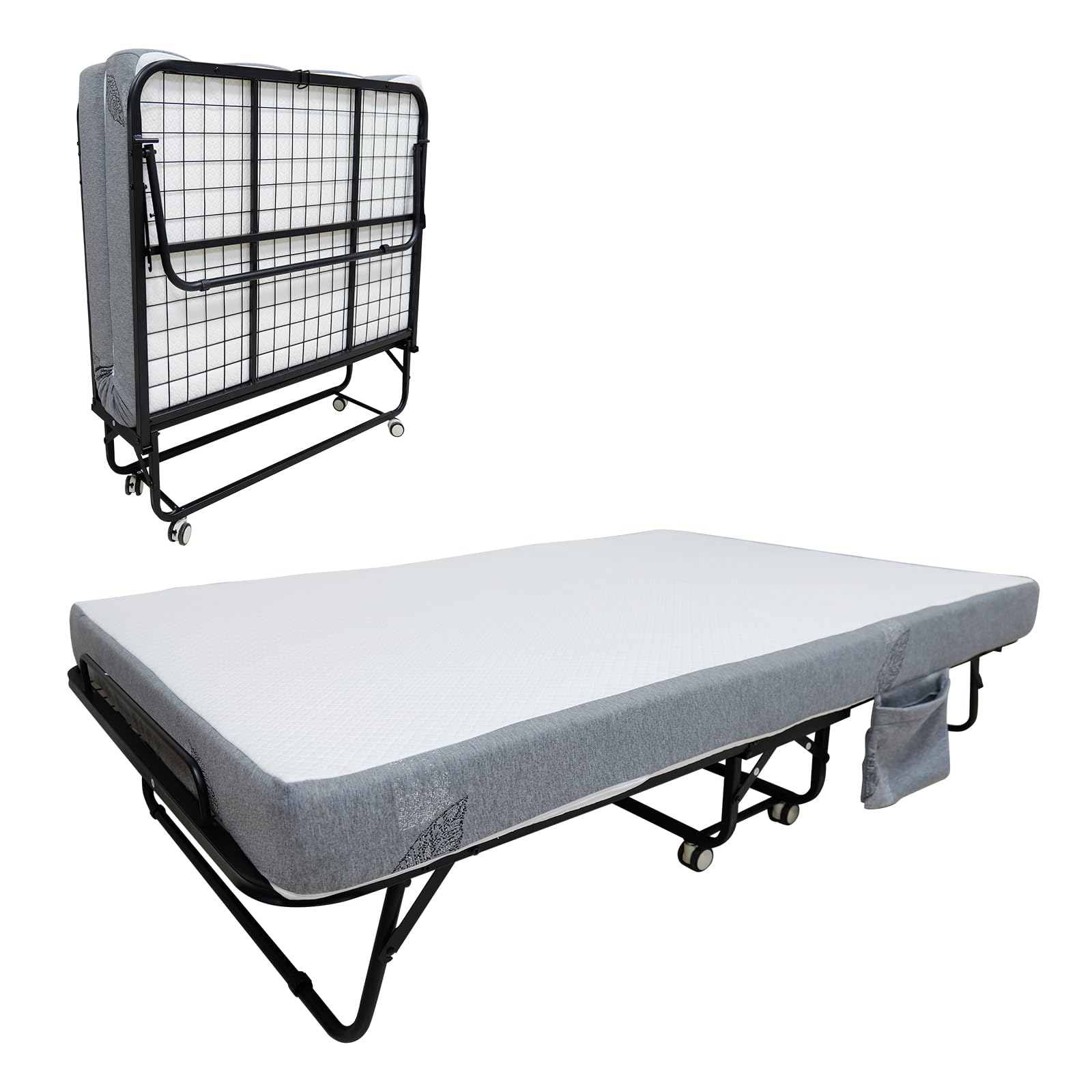 Photo 1 of ***MATTRESS NOT INCLUDED*** Folding Bed with Mattress for Adults, 75" x 31" Portable Rollaway Guest Beds on Wheels, Foldable Metal Frame Bed with 5" Memory Foam Mattress & Side Storage Pocket for Office, Bedroom, Space Saving