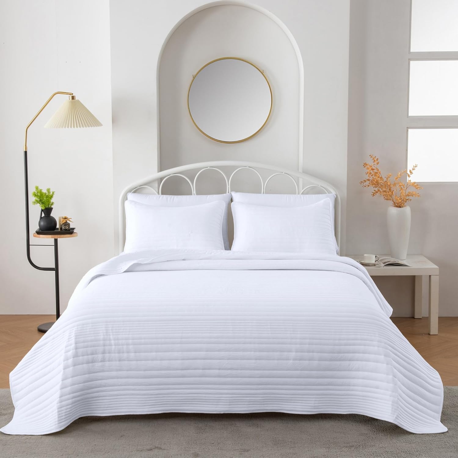 Market & Place Quilt Set Full Queen Size White | Lightweight Ultra Soft Microfiber Bedspread | 3 Piece Queen Coverlet for All Season | Parker Collection (F/Q, White) - Image 5