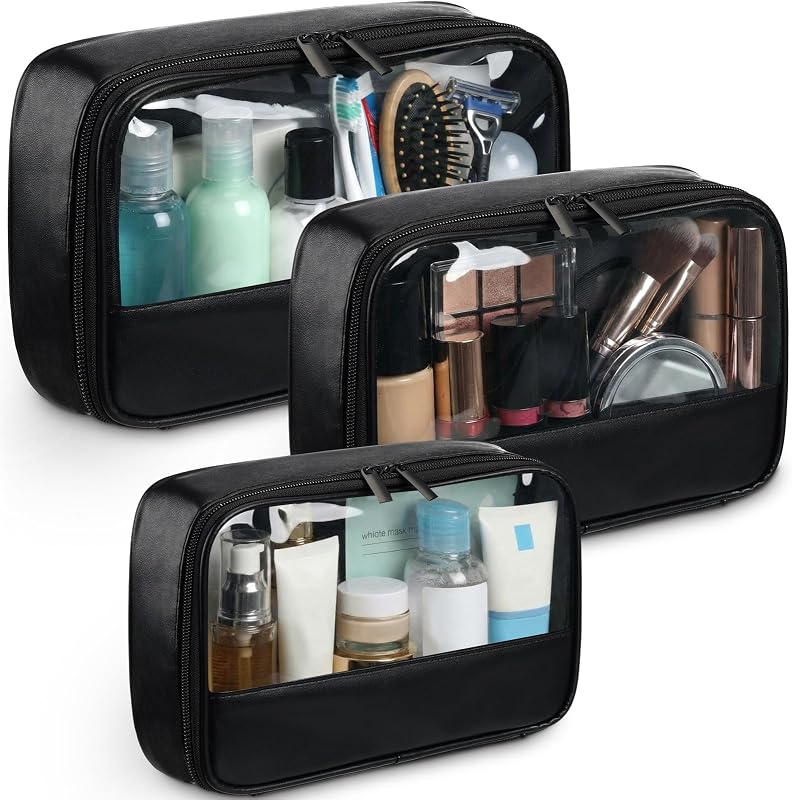 Necessaire Abbylike com 3 bolsas pretas transparentes de PU e PVC com zíper